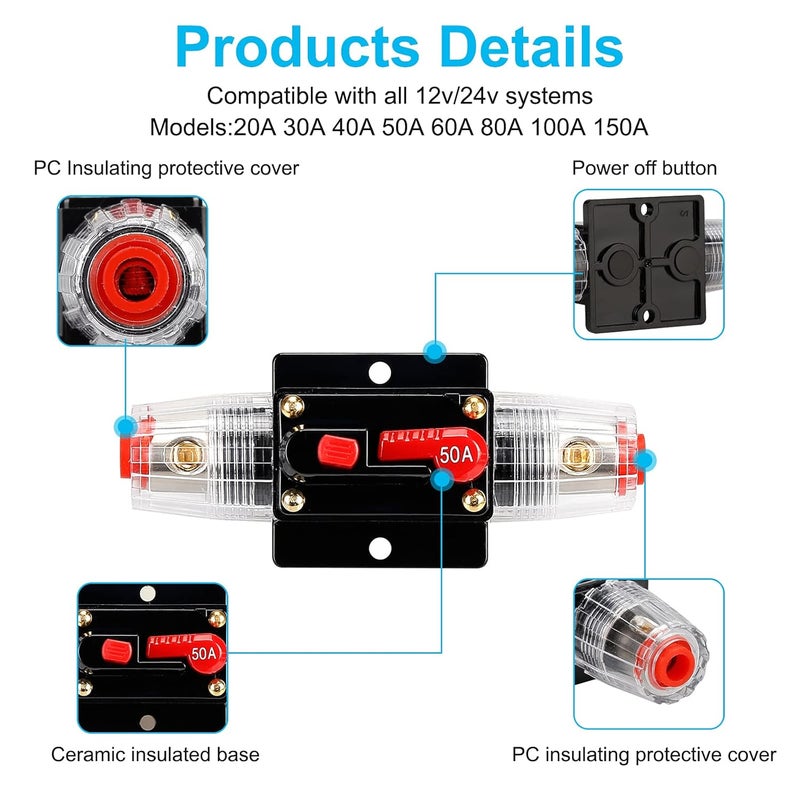 NOWEIERTON 50 Amp Audio Circuit Breaker,,12V-48V DC Fuse Holder,20-300A Breaker Switch,Inline Circuit Breaker with Reset Button,for Automotive Marine Boat Audio System Current Overload Protection - Image 4